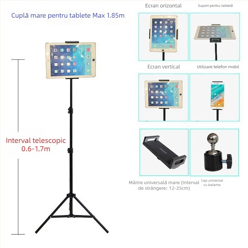 Stativ de podea pentru telefoane și tablete – structură metalică, potrivit pentru utilizare în pat, pentru streaming live, fotografie și înregistrare video