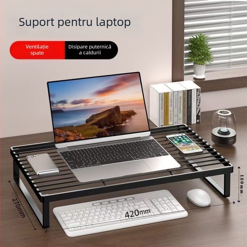 Raft de răcire pentru laptop, organizator de birou cu stocare în mai multe niveluri, suport metalic din fier rotativ