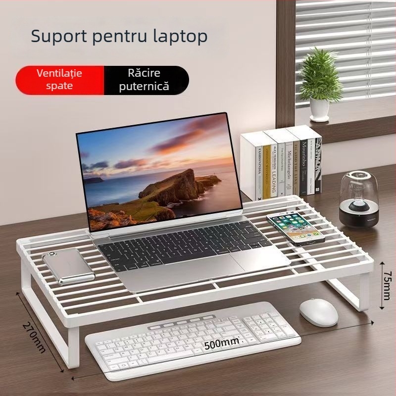 Raft de răcire pentru laptop, organizator de birou cu stocare în mai multe niveluri, suport metalic din fier rotativ