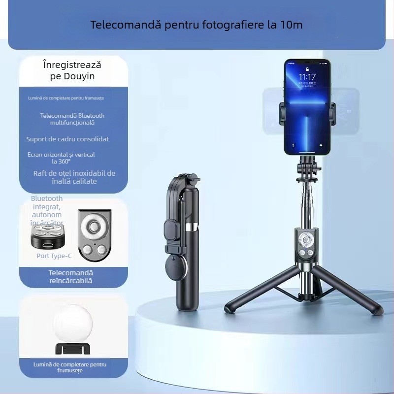 Bețigaș selfie mini extensibil cu trepied pentru telefonul mobil, din oțel inoxidabil; fără telecomandă, fără Bluetooth, fără iluminare încorporată