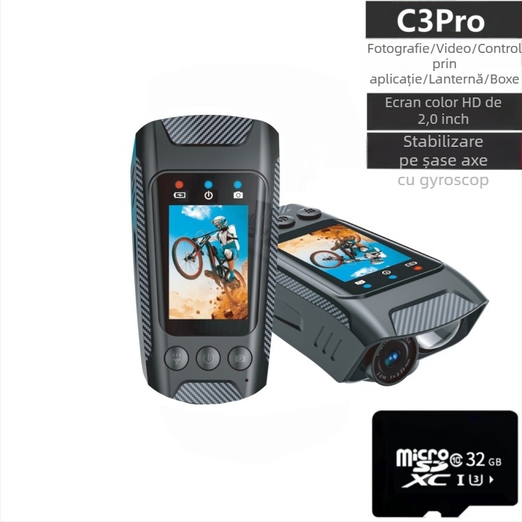 Cameră de acțiune pentru ciclism cu stabilizare electronică 4K, fluier și lanternă, ecran LCD de 2.0 inch