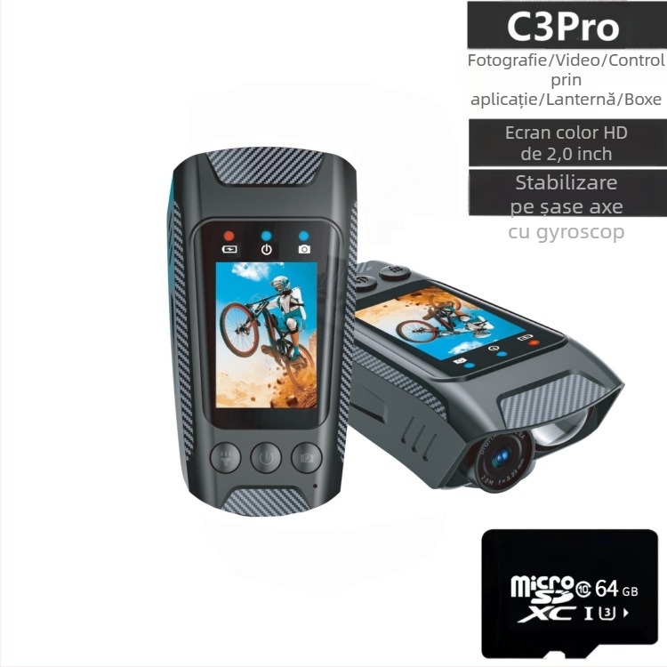 Cameră de acțiune pentru ciclism cu stabilizare electronică 4K, fluier și lanternă, ecran LCD de 2.0 inch