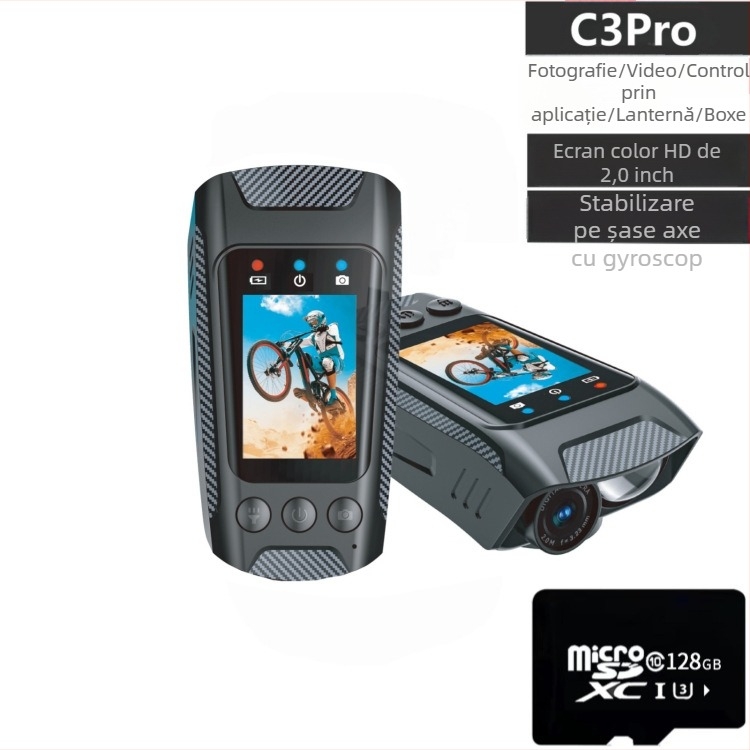 Cameră de acțiune pentru ciclism cu stabilizare electronică 4K, fluier și lanternă, ecran LCD de 2.0 inch