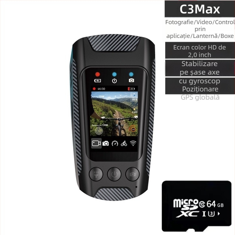 Cameră de acțiune pentru ciclism cu stabilizare electronică 4K, fluier și lanternă, ecran LCD de 2.0 inch