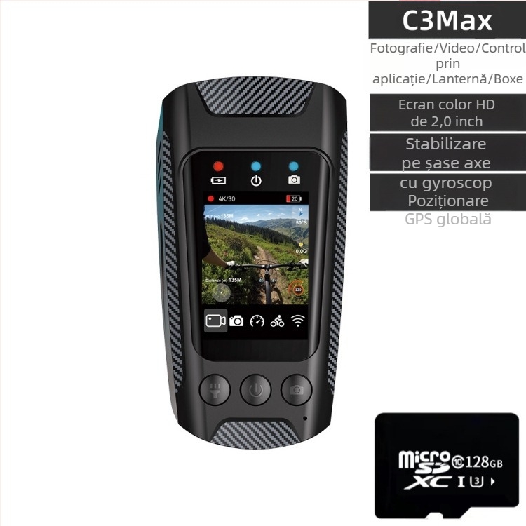 Cameră de acțiune pentru ciclism cu stabilizare electronică 4K, fluier și lanternă, ecran LCD de 2.0 inch