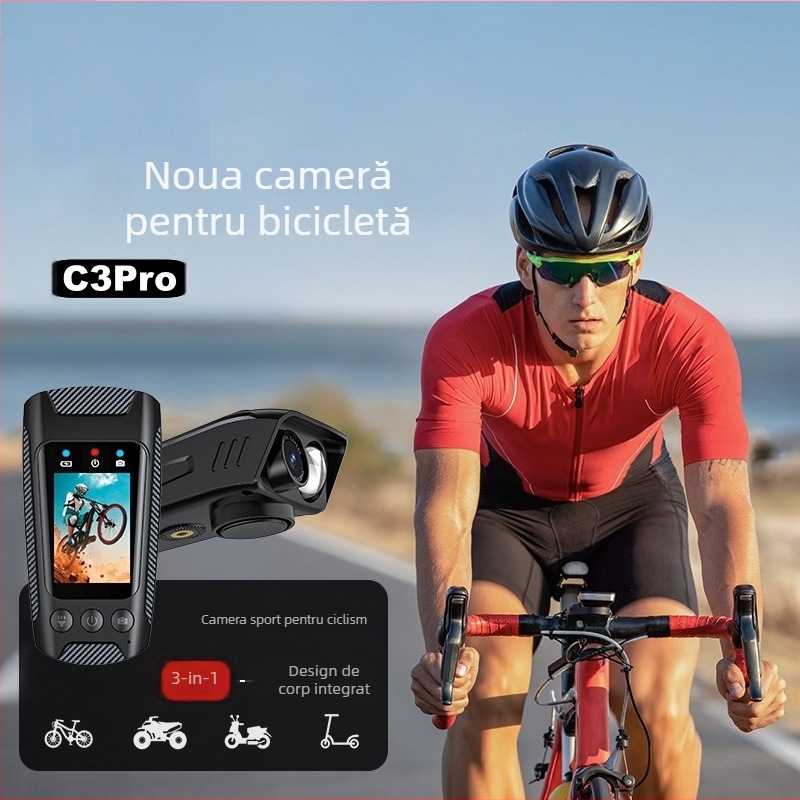 Cameră de acțiune pentru ciclism cu stabilizare electronică 4K, fluier și lanternă, ecran LCD de 2.0 inch
