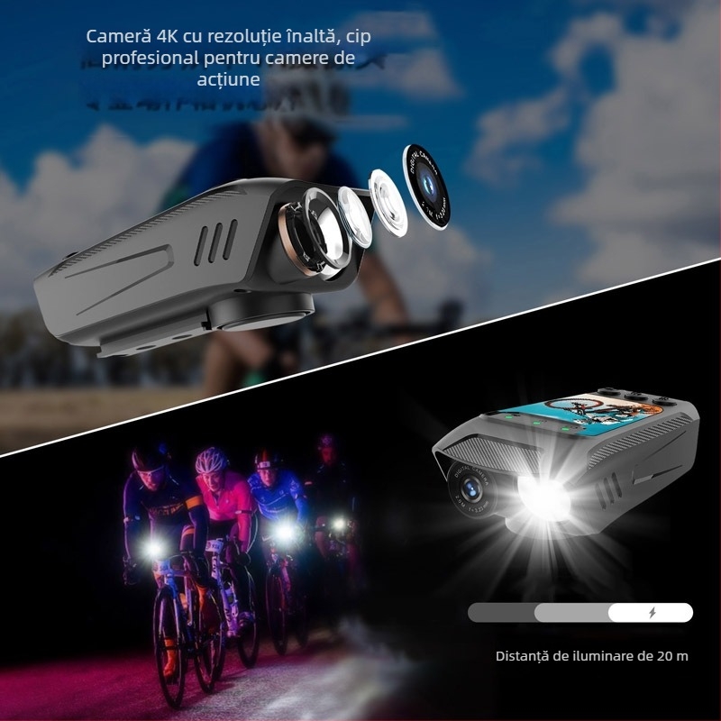 Cameră de acțiune pentru ciclism cu stabilizare electronică 4K, fluier și lanternă, ecran LCD de 2.0 inch