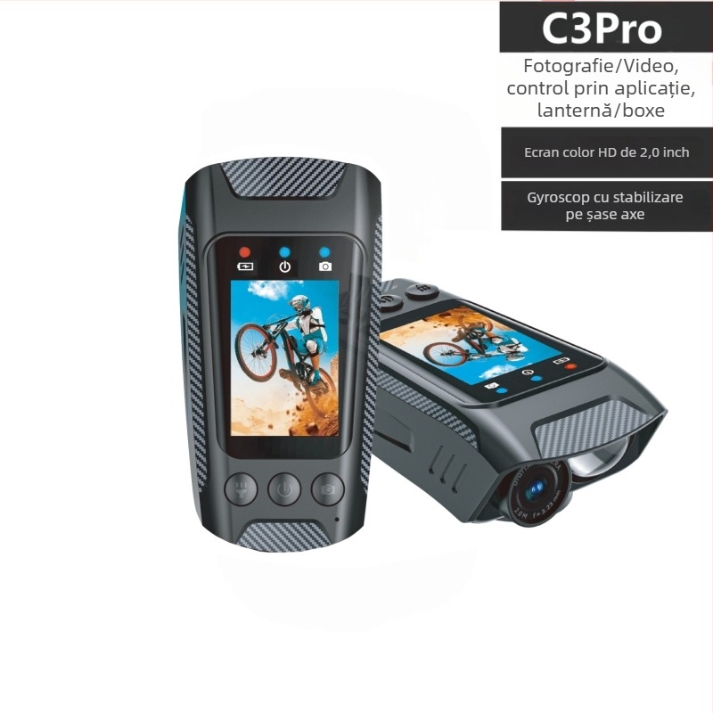 Cameră de acțiune pentru ciclism cu stabilizare electronică 4K, fluier și lanternă, ecran LCD de 2.0 inch