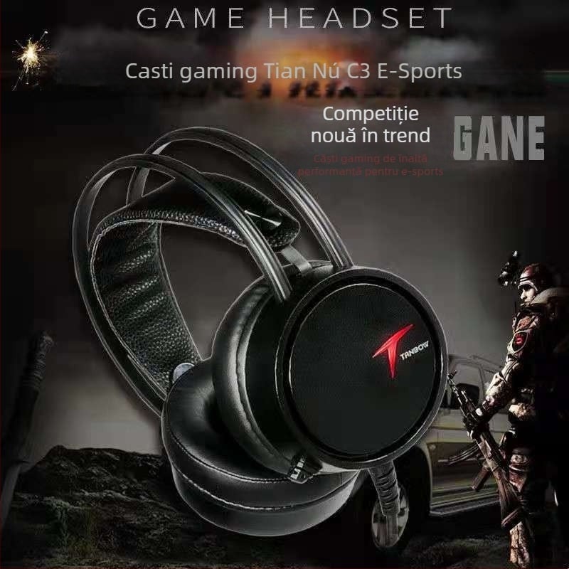 Cască de gaming USB cablată cu difuzoare de 50 mm, microfon încorporat, 20 Hz–20 kHz, compatibil PC