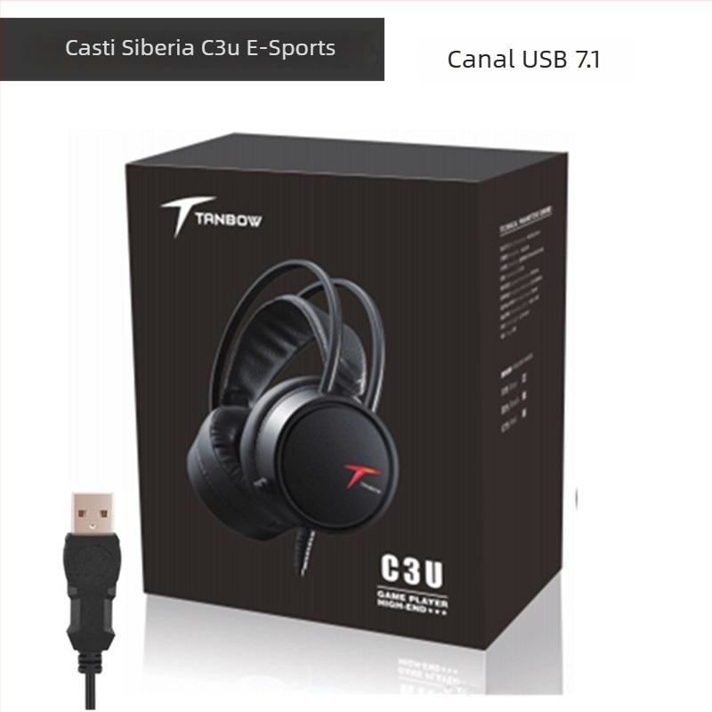 Cască de gaming USB cablată cu difuzoare de 50 mm, microfon încorporat, 20 Hz–20 kHz, compatibil PC