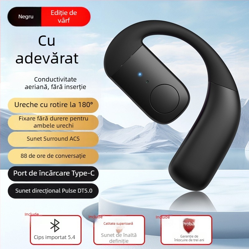 Cască Bluetooth cu conductivitate osoasă – monaural, prindere de ureche, Bluetooth 5.4, rază 10 m, autonomie peste 8 ore