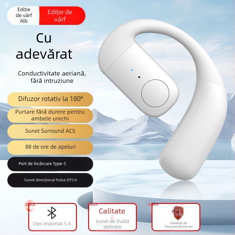 Cască Bluetooth cu conductivitate osoasă – monaural, prindere de ureche, Bluetooth 5.4, rază 10 m, autonomie peste 8 ore