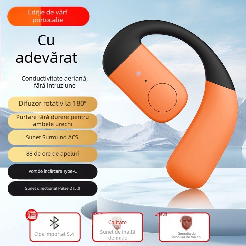 Cască Bluetooth cu conductivitate osoasă – monaural, prindere de ureche, Bluetooth 5.4, rază 10 m, autonomie peste 8 ore