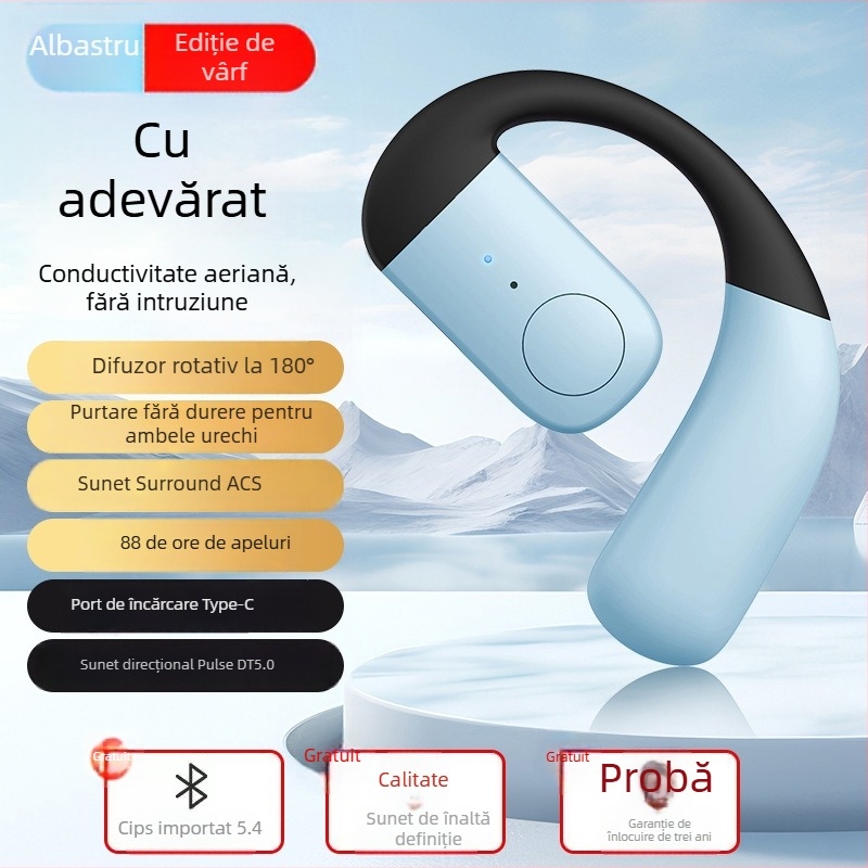Cască Bluetooth cu conductivitate osoasă – monaural, prindere de ureche, Bluetooth 5.4, rază 10 m, autonomie peste 8 ore