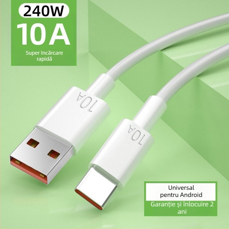 Cablu USB-C pentru Android, încărcare rapidă 10A, lungime 1–2 m, TPE, alb