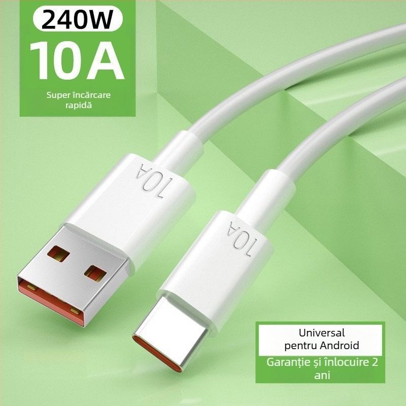 Cablu USB-C pentru Android, încărcare rapidă 10A, lungime 1–2 m, TPE, alb