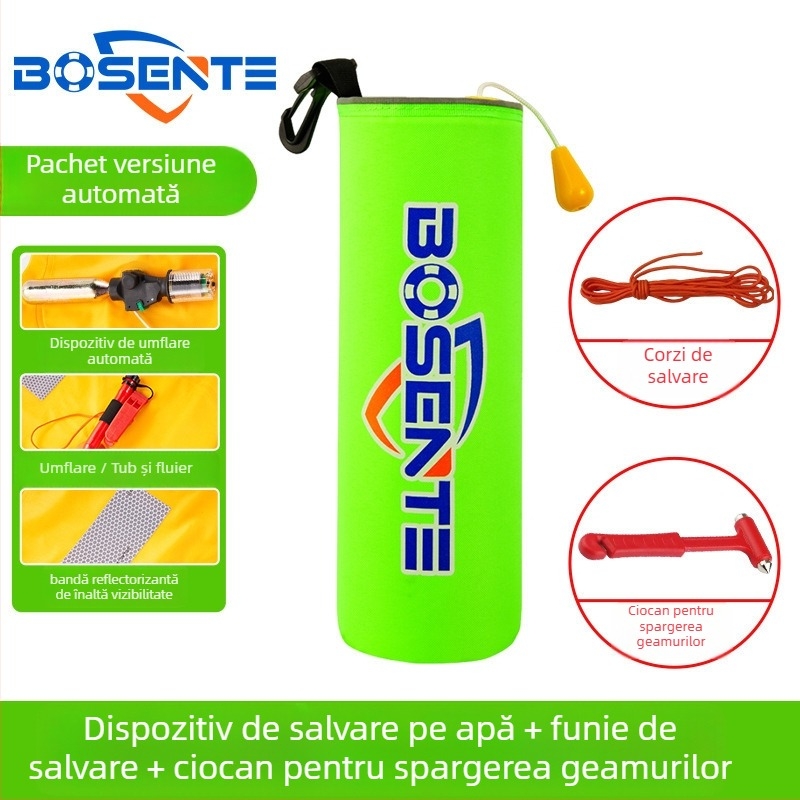 Colac de salvare auto cu umflare automată, cu spart geam și ciocan, dispozitiv portabil de salvare pentru vehicul