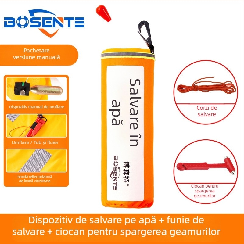 Colac de salvare auto cu umflare automată, cu spart geam și ciocan, dispozitiv portabil de salvare pentru vehicul