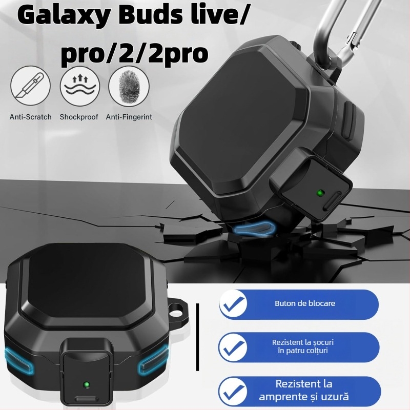 Carcasă protectoare pentru Galaxy Buds Live și Buds Core - Închidere cu buton, Protecție la căderi în patru colțuri, Rezistență la uzură, Anti-amprentă, Brazare cu carbon
