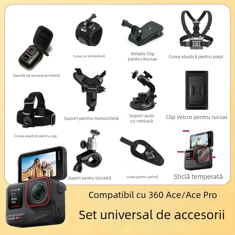 Accesorii pentru camera Insta360 Ace Pro 2 – curea pentru cap, curea pentru piept, clips pentru rucsac, suport pentru motocicletă