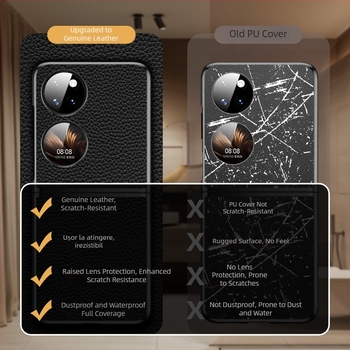 Carcasă pentru Huawei P50s, design tip cutie de comoară pliabil, piele naturală de vită cu textură litchi, lucrat manual