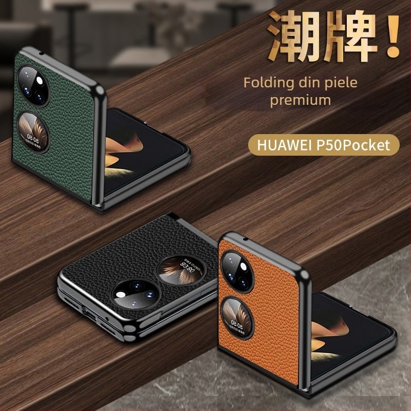 Carcasă pentru Huawei P50s, design tip cutie de comoară pliabil, piele naturală de vită cu textură litchi, lucrat manual