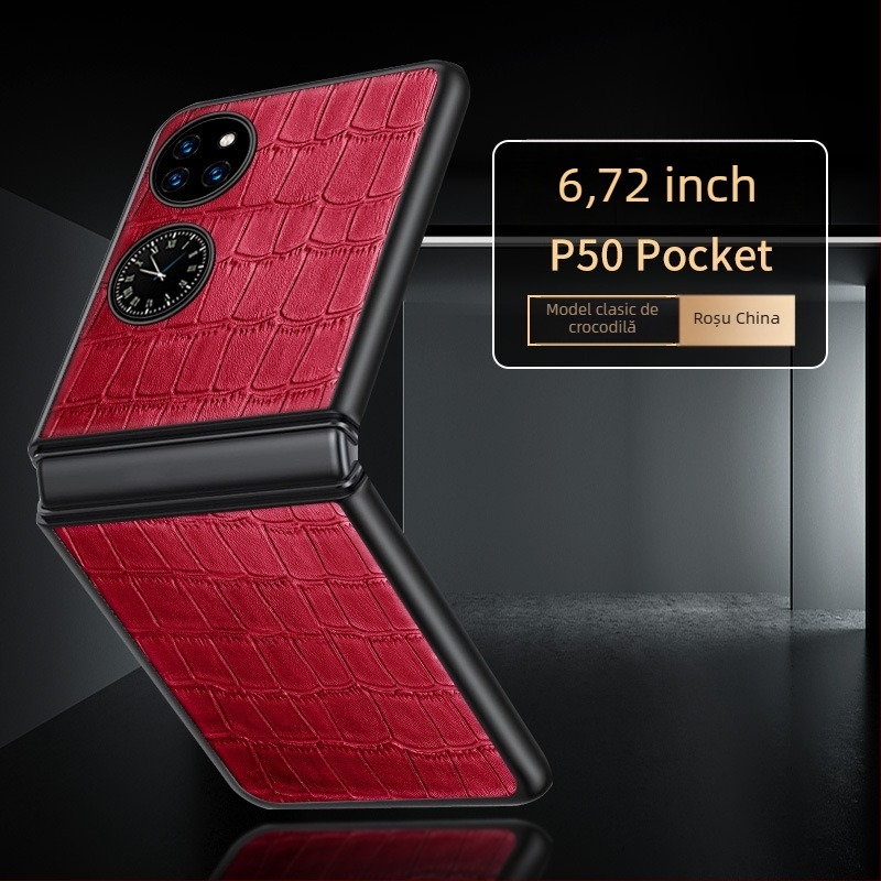 Carcasă pentru Huawei P50s, design tip cutie de comoară pliabil, piele naturală de vită cu textură litchi, lucrat manual