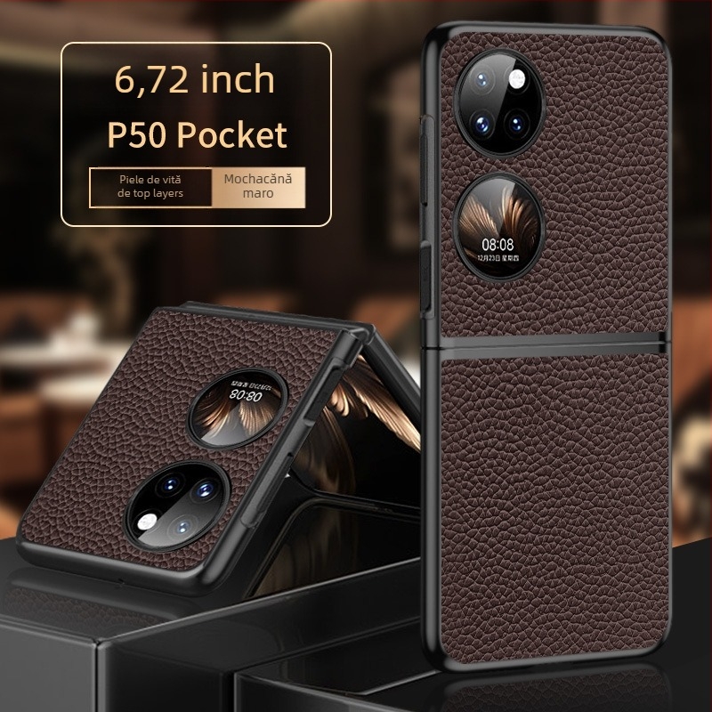 Carcasă pentru Huawei P50s, design tip cutie de comoară pliabil, piele naturală de vită cu textură litchi, lucrat manual