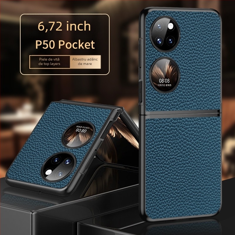 Carcasă pentru Huawei P50s, design tip cutie de comoară pliabil, piele naturală de vită cu textură litchi, lucrat manual