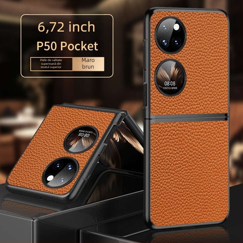 Carcasă pentru Huawei P50s, design tip cutie de comoară pliabil, piele naturală de vită cu textură litchi, lucrat manual
