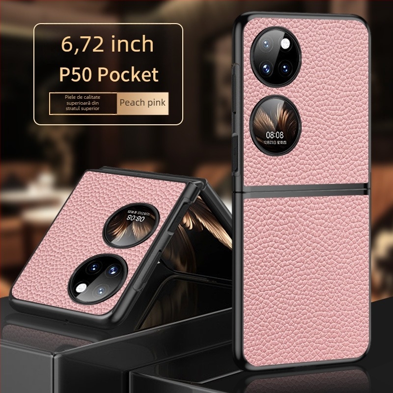 Carcasă pentru Huawei P50s, design tip cutie de comoară pliabil, piele naturală de vită cu textură litchi, lucrat manual