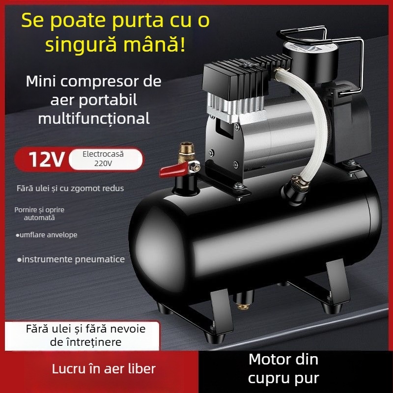 Pompă de aer mini pentru anvelope auto cu rezervor, 12V, 20A, cablu de 1 m, 2,5 kg, pentru camioane grele, mașini, biciclete și mingi