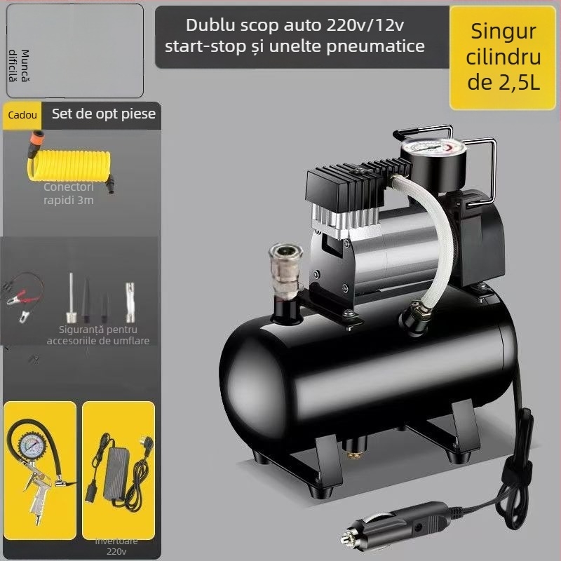 Pompă de aer mini pentru anvelope auto cu rezervor, 12V, 20A, cablu de 1 m, 2,5 kg, pentru camioane grele, mașini, biciclete și mingi