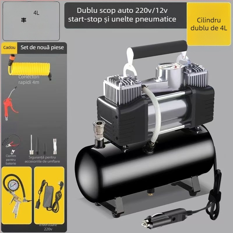 Pompă de aer mini pentru anvelope auto cu rezervor, 12V, 20A, cablu de 1 m, 2,5 kg, pentru camioane grele, mașini, biciclete și mingi