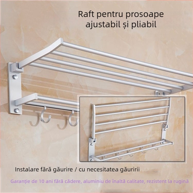 Raft pentru prosoape pliabil cu două niveluri, din aliaj de aluminiu, finisaj anodizat, încărcare 15 kg, stil modern minimalist