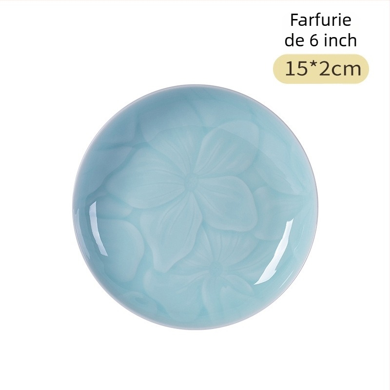 Farfurie de servire Longquan Celadon din porțelan, model floral, formă circulară, stil modern minimalist