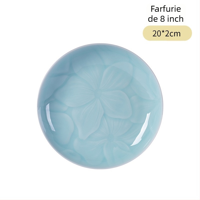 Farfurie de servire Longquan Celadon din porțelan, model floral, formă circulară, stil modern minimalist