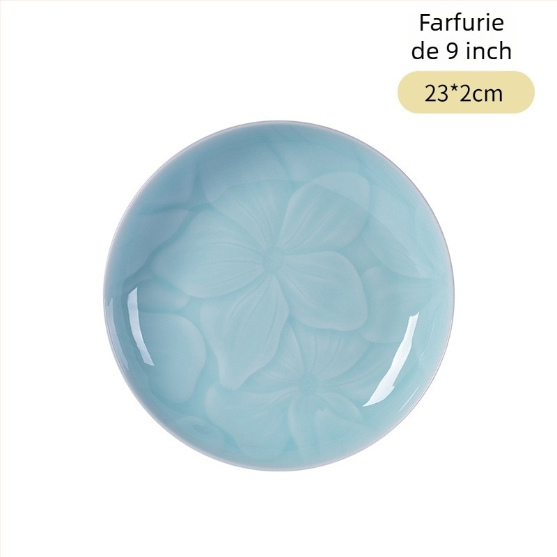 Farfurie de servire Longquan Celadon din porțelan, model floral, formă circulară, stil modern minimalist