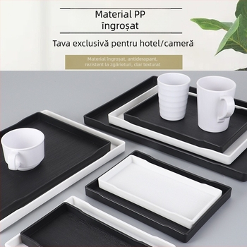 Tavă pentru camerele de hotel: melamină, formă pătrată, suprafață glazurată, logo imprimat, posibilitate de personalizare.