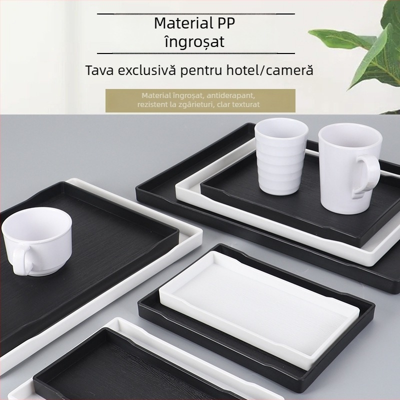 Tavă pentru camerele de hotel: melamină, formă pătrată, suprafață glazurată, logo imprimat, posibilitate de personalizare.
