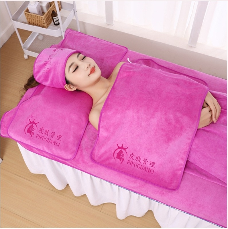 Set de prosoape pentru salon de înfrumusețare: prosoape pentru pernă, piept cu gaură, prosoape de pat și turbant; microfibră, 430 gsm, 80% microfibră + nylon; personalizare cu logo; margini cusute
