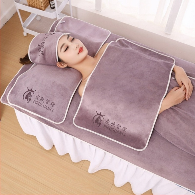 Set de prosoape pentru salon de înfrumusețare: prosoape pentru pernă, piept cu gaură, prosoape de pat și turbant; microfibră, 430 gsm, 80% microfibră + nylon; personalizare cu logo; margini cusute
