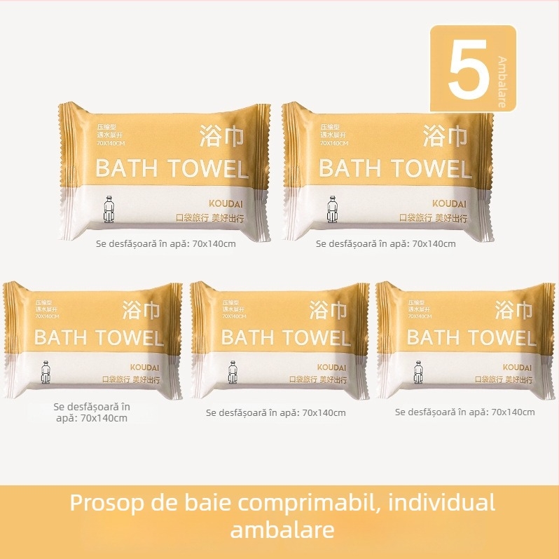 Pocket travel 5-pachete prosoape de baie, comprimat, microfibră, țesătură plată, absorbție 16–20 s
