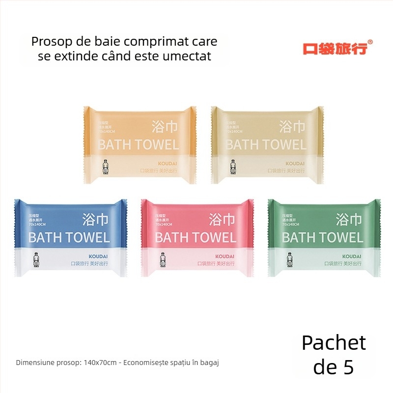 Pocket travel 5-pachete prosoape de baie, comprimat, microfibră, țesătură plată, absorbție 16–20 s
