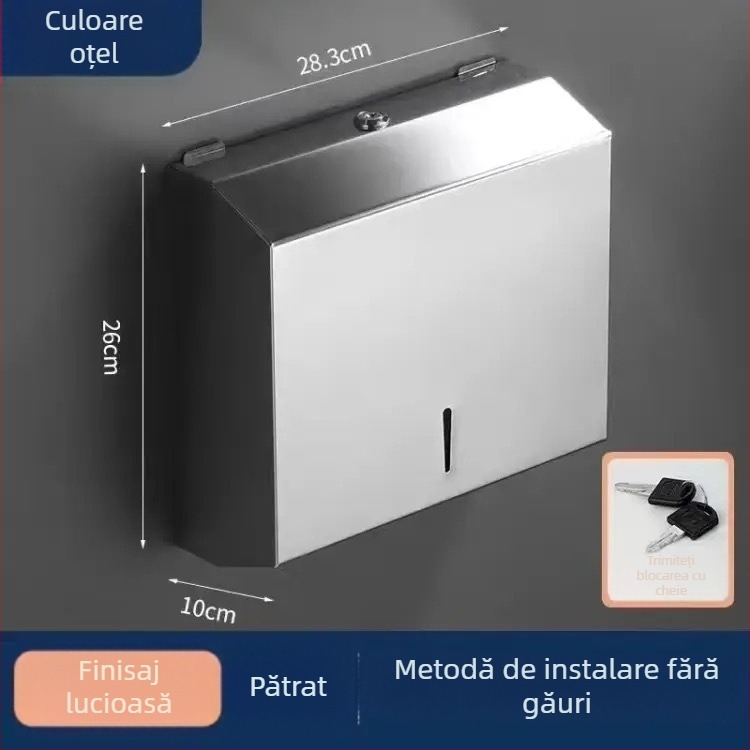 Cutie montată pe perete pentru șervețele de hârtie, oțel inoxidabil cu finisaj periat, montaj fără găuri, potrivită pentru bucătărie și baie