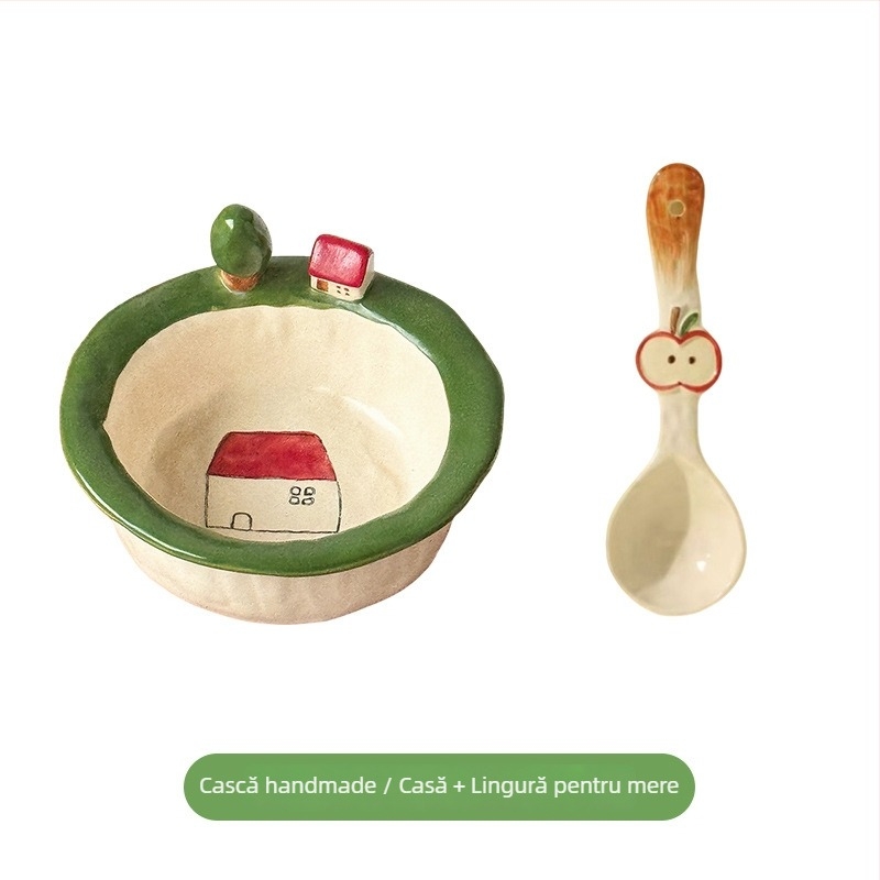 Set de boluri și farfurii din ceramică, design cartoon, stil drăguț, formă rotundă, compatibil cuptor cu microunde