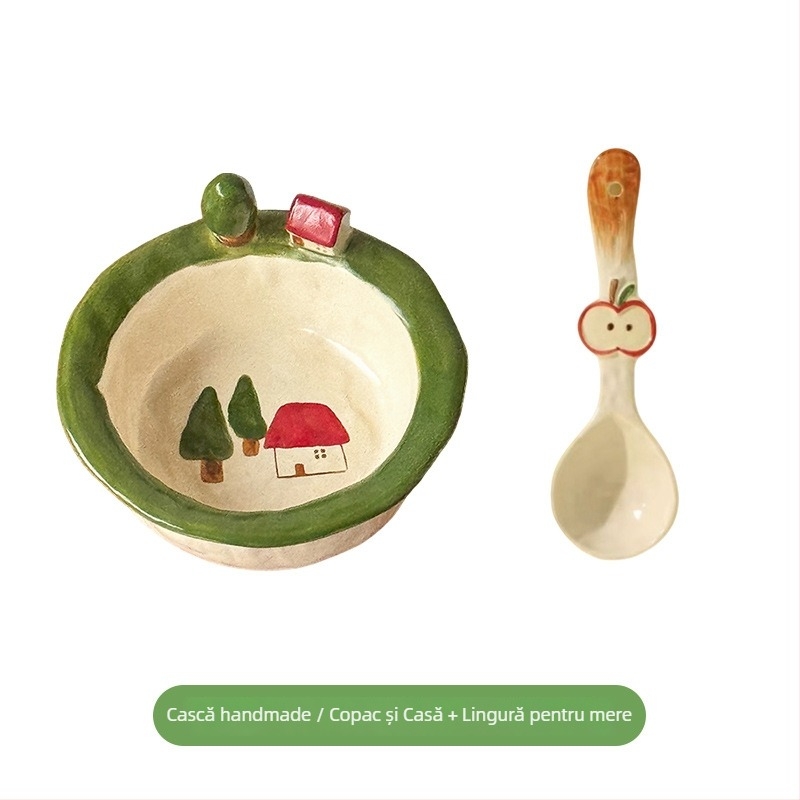 Set de boluri și farfurii din ceramică, design cartoon, stil drăguț, formă rotundă, compatibil cuptor cu microunde
