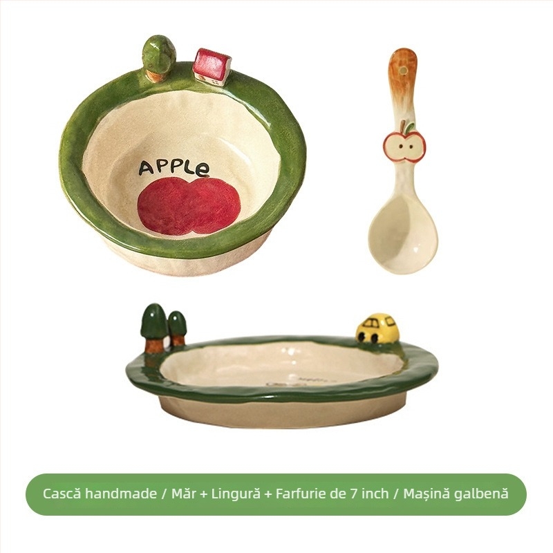 Set de boluri și farfurii din ceramică, design cartoon, stil drăguț, formă rotundă, compatibil cuptor cu microunde