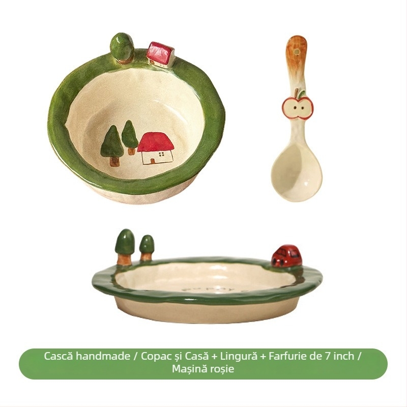 Set de boluri și farfurii din ceramică, design cartoon, stil drăguț, formă rotundă, compatibil cuptor cu microunde