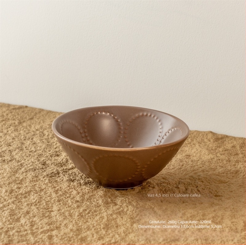 Bol ceramic, cu model în relief din cercuri de mărgele, stil retro, formă rotundă, compatibil cu microunde.